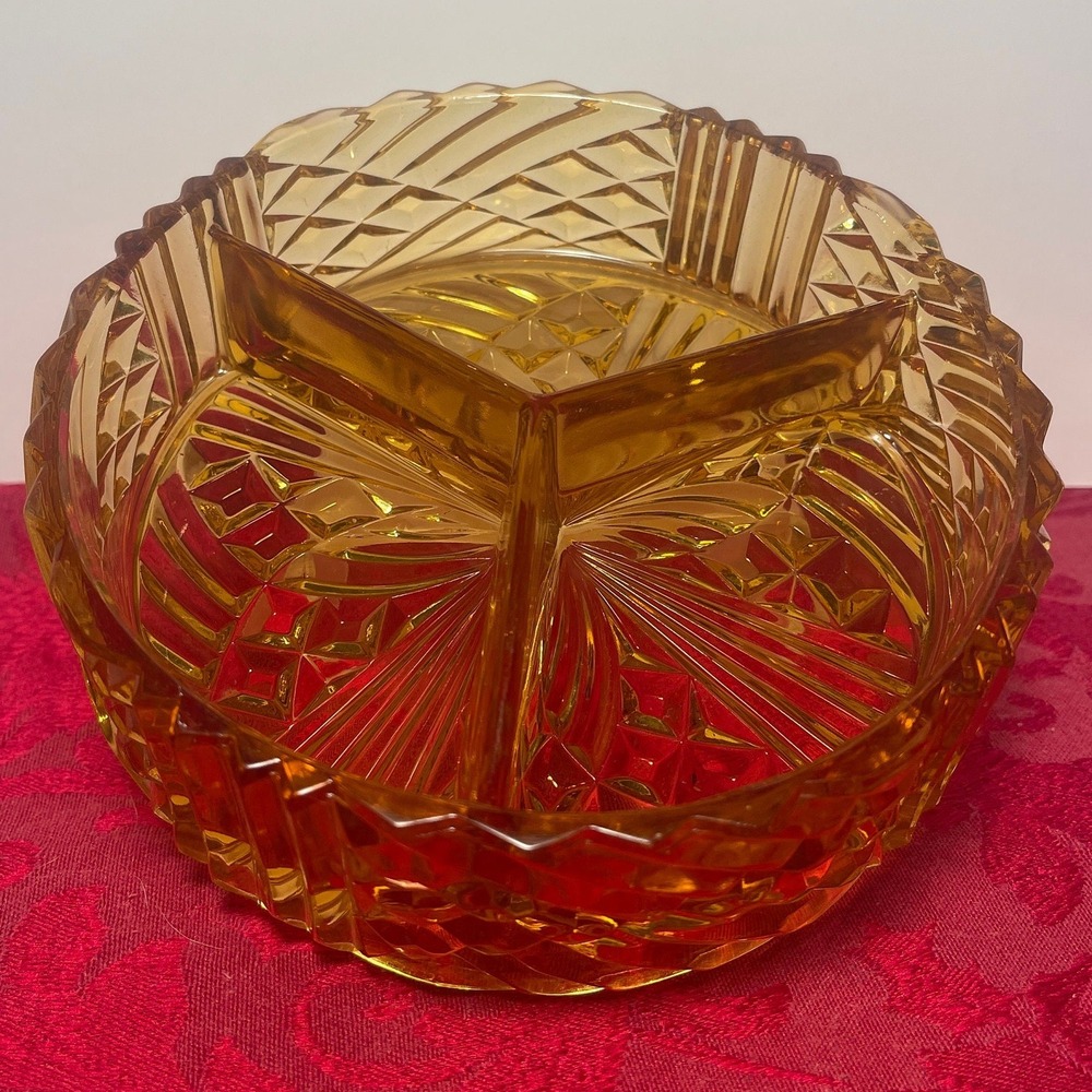 Vintage Viking Amber Glass Divided Candy and Nut Dish MCM 3 Compartment 6in